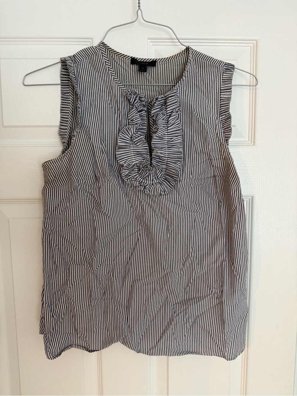 J. Crew Navy and White Striped Ruffle Shirt Sleeveless 100% Cotton